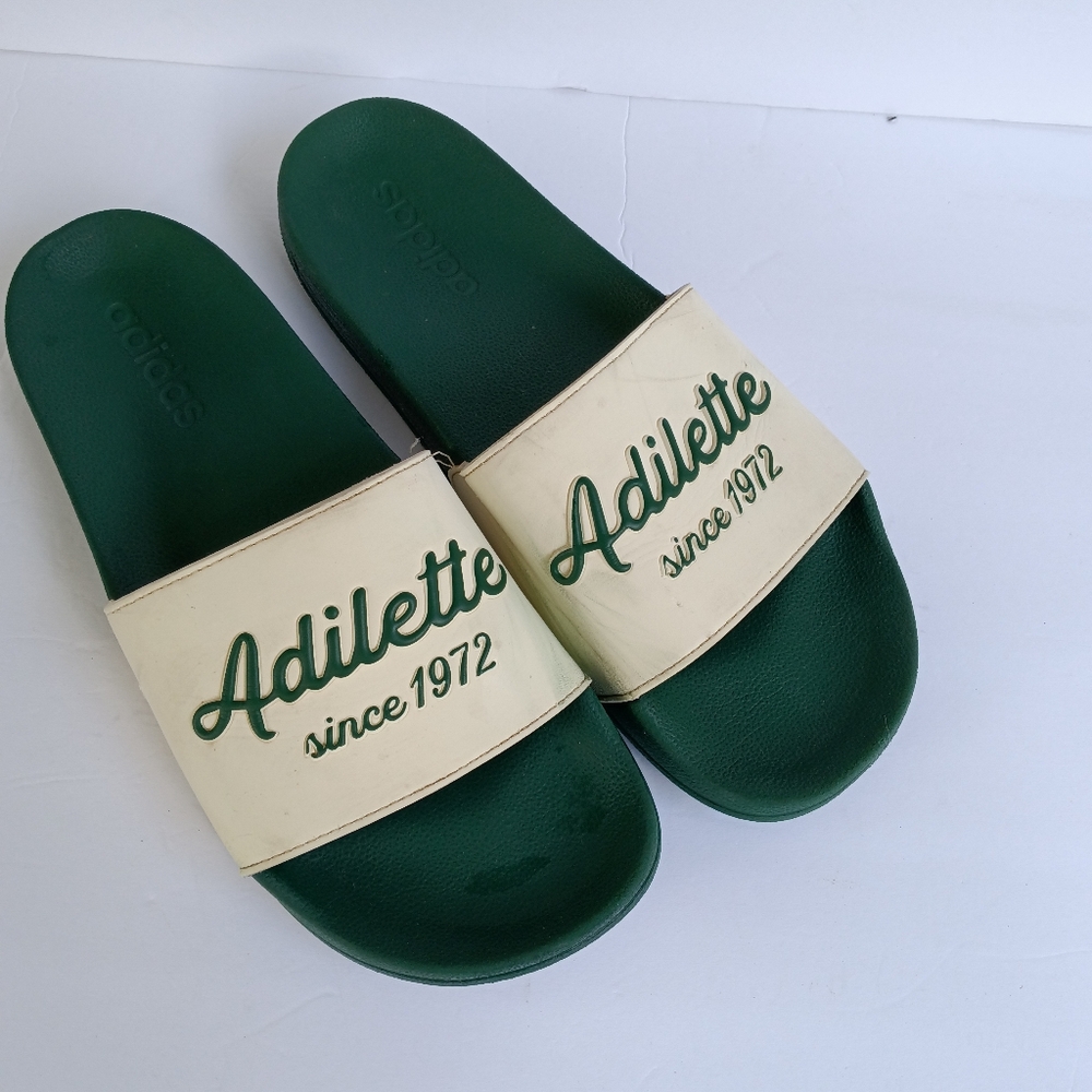 Adidas Adilette Mens Green & White Cloudfoam Shower Soccer Slides Size 11